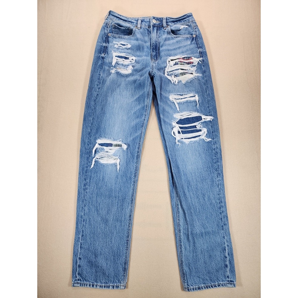 American Eagle 8 X-Long Mom Jeans Straight Patchwork High Rise Distressed